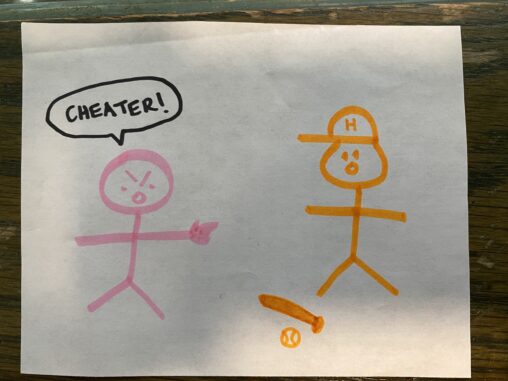 A stick figure pointing at the baseball player stick figure and calling them a cheater