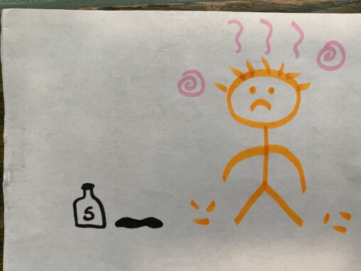 a stick figure with hair falling on the floor and a shampoo bottle on the floor