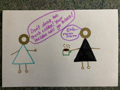 My mother and I are having a conversation. She is the left figure and I am the right figure.