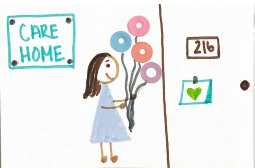 Stick figure carrying balloons and putting a Valentines Day card and the balloons on the door of care home citizens.