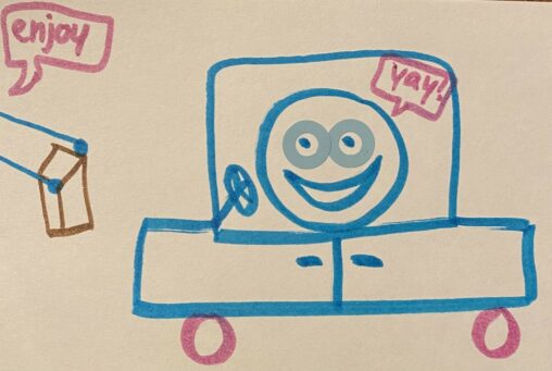 Stick figure person in a car showing pure joy while hands of a stick figure give them their order in a bag.