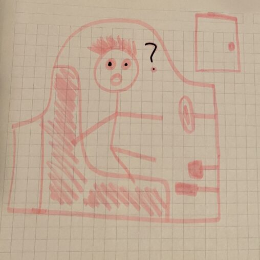 Stick figure sitting in a car about to start driving.