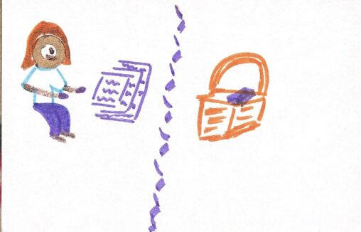 Stick figure sitting in front of a pile of complimentary notes. A bag with a happy note in it.