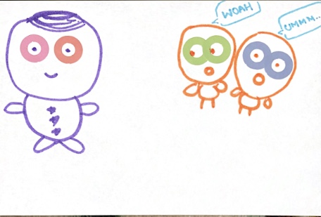 Plump stick figure standing at one corner of the page. Two smaller plump figures staring at bigger figure because they don\'t know what is going on