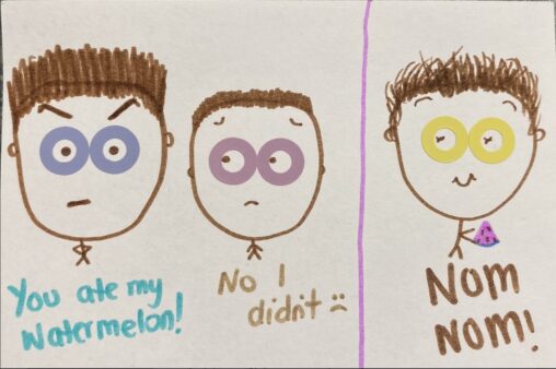 Two people have an argument (left side). Individual enjoying watermelon (right side).